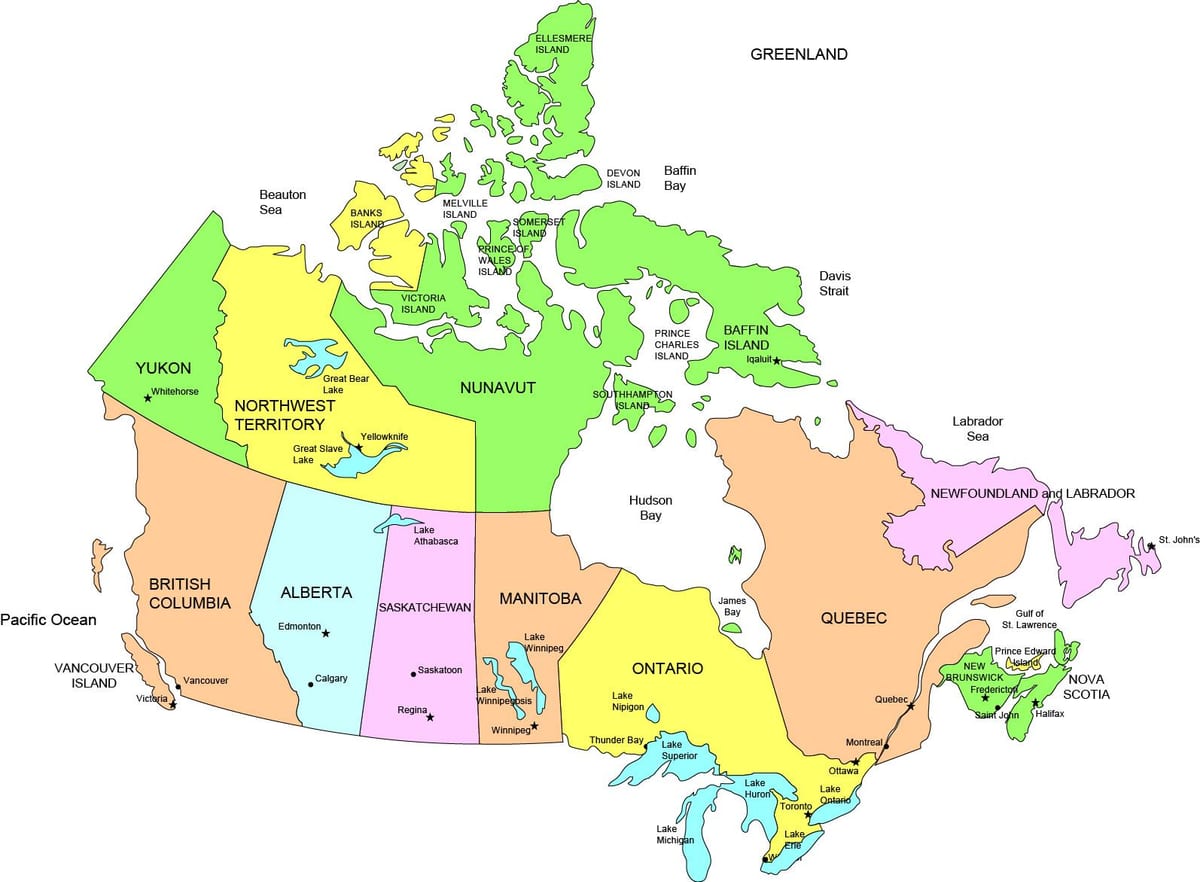 Kanada mapa pokazuje Zjednoczonych