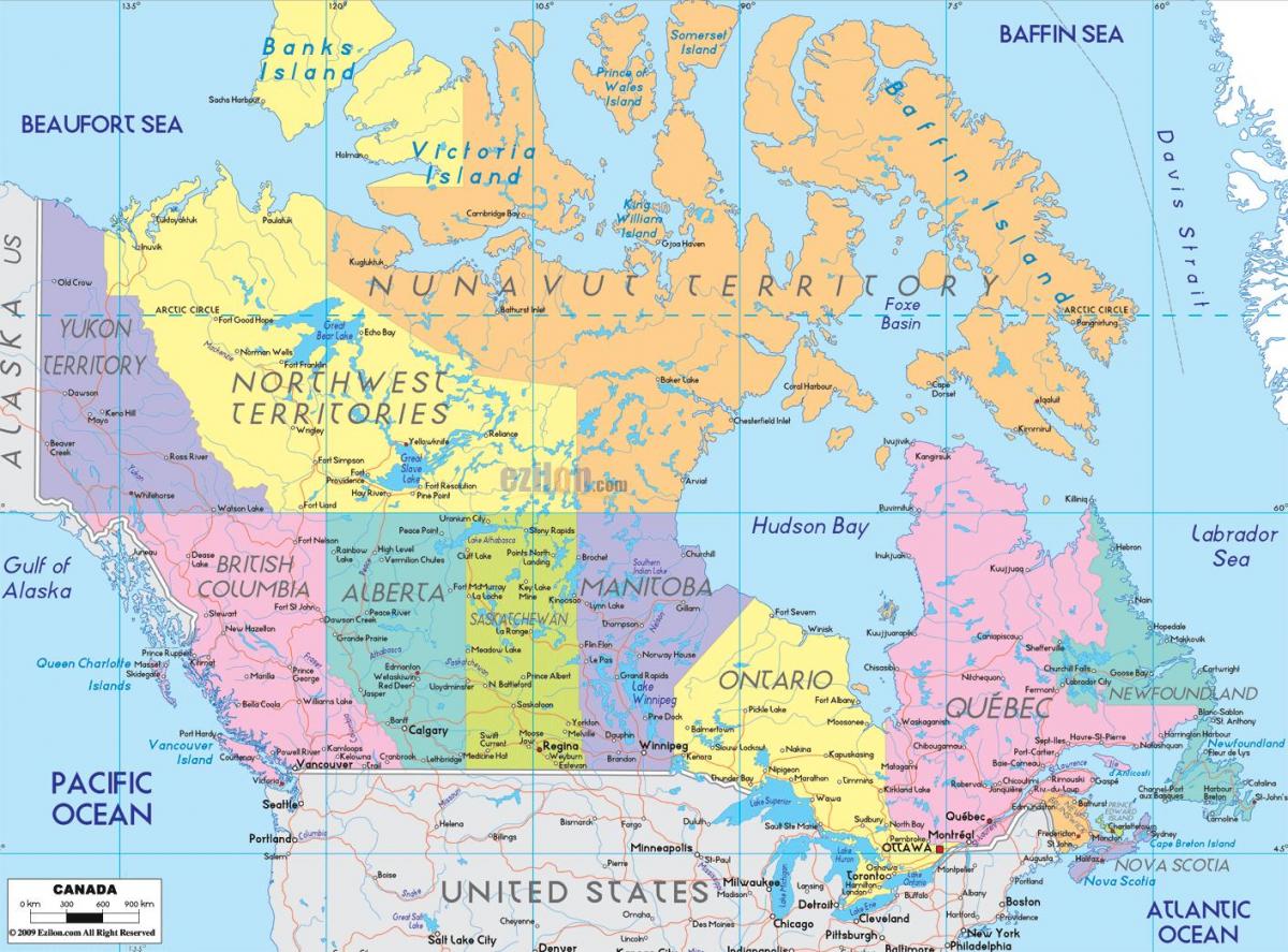 mapa Kanady, z podaniem miasta